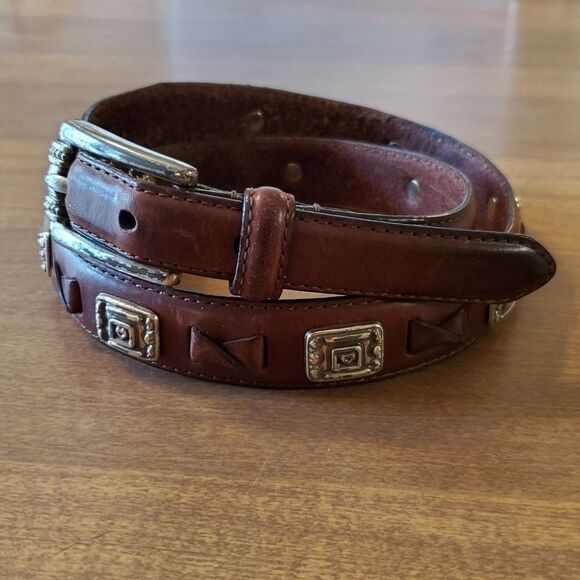 Fossil Womens Brown Leather Belt Size Small 37" Stud And Braid. 1" wide. BT2139 - Picture 2 of 12
